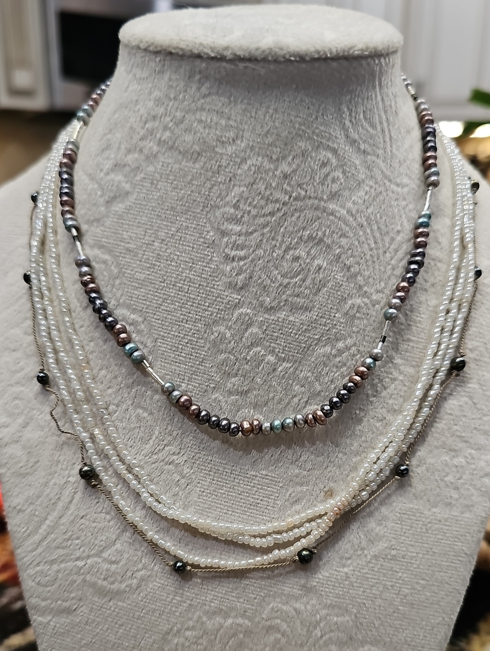 Multistrand Freshwater Pearl and Seed Bead Necklace - Iridescent & White